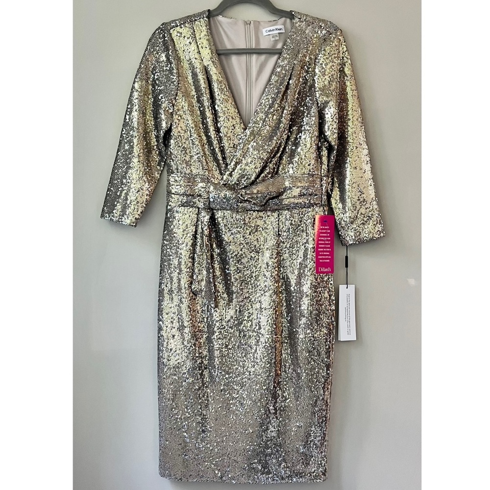Calvin Klein | NWT Gold Sequin V-Neck Faux Wrap Mesh Dress 3/4 Sz 8 Cocktail